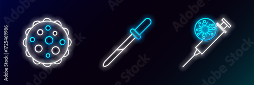 Set line Syringe and virus, Virus and Pipette icon. Glowing neon. Vector