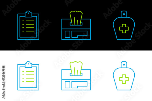 Set line Bottle of liquid antibacterial soap, Clipboard with checklist and Wet wipe pack icon. Vector