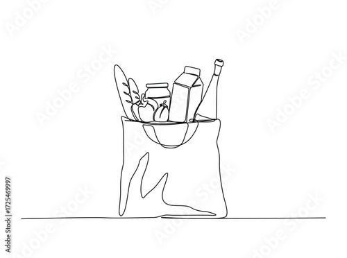 Paper grocery bag full of food  in single outline illustration. Continuous line art drawing of Paper shopping bag full of food. Editable stroke.