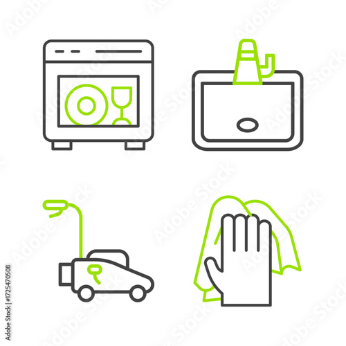 Set line Cleaning service, Lawn mower, Washbasin and Dishwasher machine icon. Vector