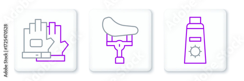 Set line Sunscreen cream in tube, Gloves and Bicycle seat icon. Vector