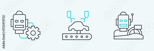 Set line Robot humanoid driving a car, setting and Robotic robot arm on factory icon. Vector
