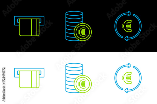 Set line Coin money with euro symbol, Credit card inserted and icon. Vector