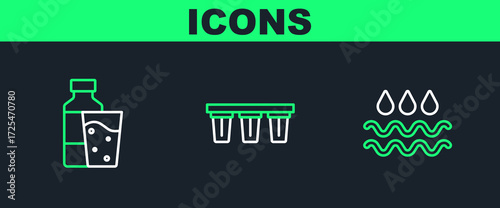 Set line Wave with water drop, Bottle of glass and Water filter icon. Vector