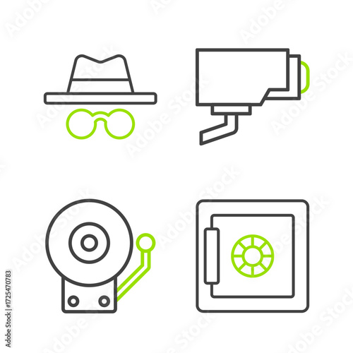 Set line Safe, Ringing alarm bell, Security camera and Incognito mode icon. Vector