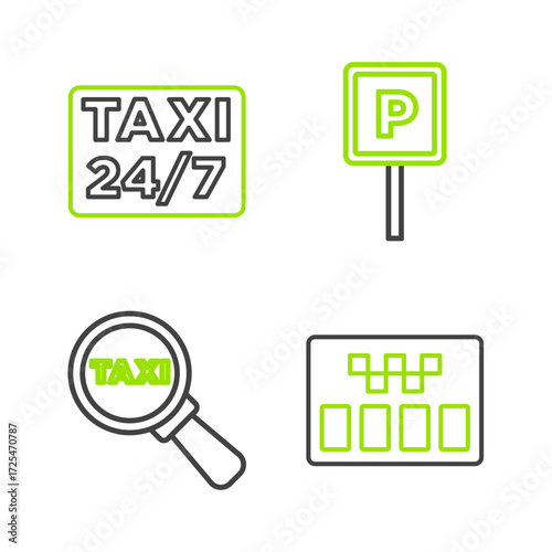 Set line Taximeter, Magnifying glass and taxi car, Parking and Location with icon. Vector