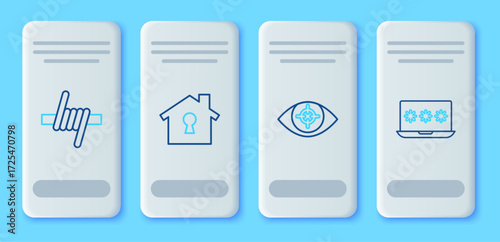 Set line House under protection, Eye scan, Barbed wire and Laptop with password icon. Vector