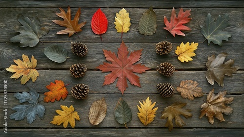 Autumn leaves, pine cones, wooden background, fall arrangement, seasonal design
