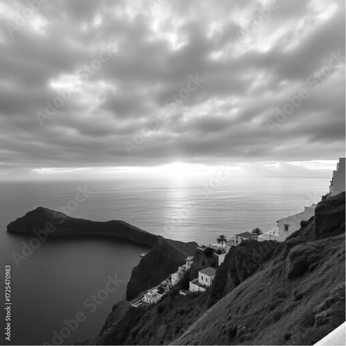 A HDR depiction of Santorini Cliffs during sunset in spring, under stormy conditions, capturing unique natural textures and atmospheric mood.