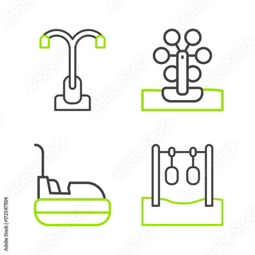 Set line Gymnastic rings, Bumper car, Ferris wheel and Street light icon. Vector