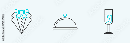 Set line Glass of champagne, Suit and Covered with tray food icon. Vector