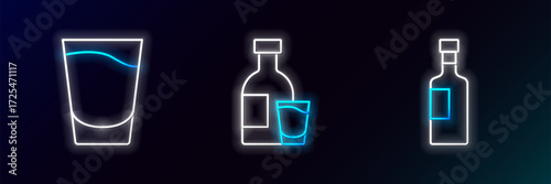 Set line Wine bottle, Shot glass and Bottle of vodka with icon. Glowing neon. Vector