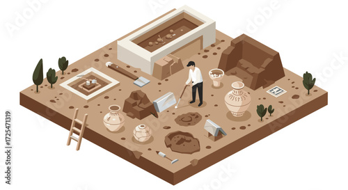 Isometric archaeological excavation scene with artifacts and tools