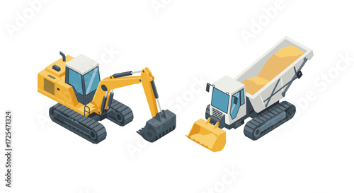 Isometric construction vehicles: excavator and dump truck in detailed design