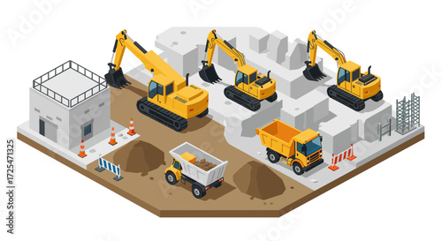 Construction site with heavy machinery in isometric style