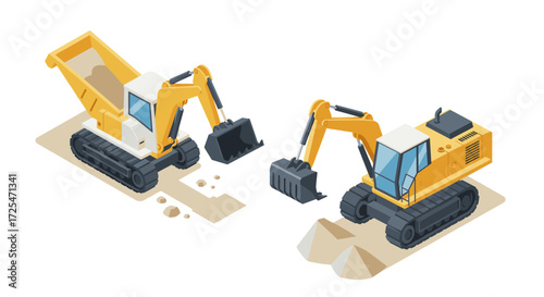 Isometric heavy construction equipment with excavator and dump truck on site