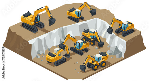 Excavators working in construction site with heavy machinery and diggers in isometric style