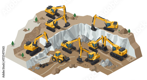 Isometric construction site with excavators and heavy machinery in quarry