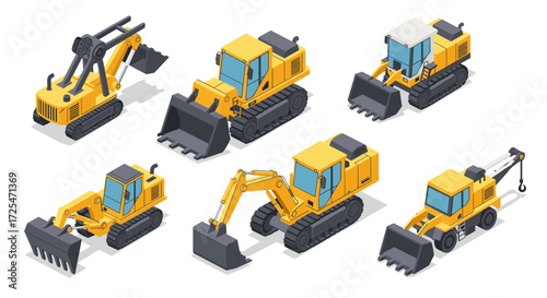 Isometric construction vehicles collection with excavators and bulldozers