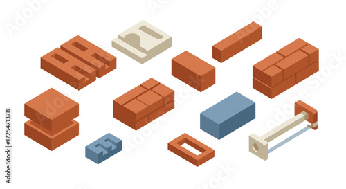 Isometric bricks and construction blocks in various shapes and colors