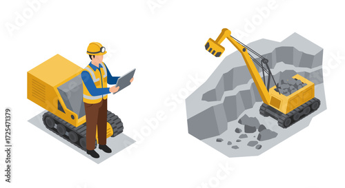 Isometric heavy machinery and construction worker in quarry site