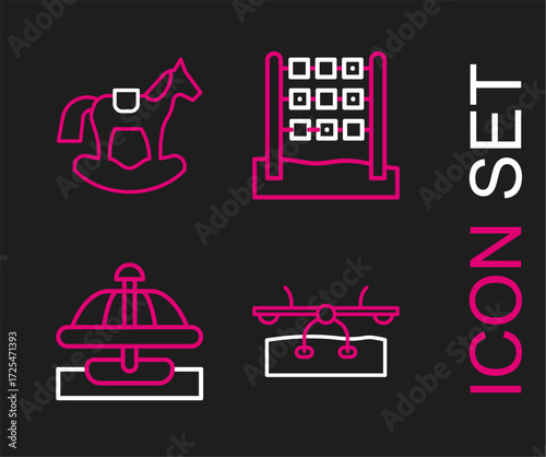 Set line Seesaw, Attraction carousel, Tic tac toe game and Horse in saddle swing icon. Vector