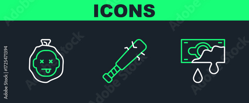 Set line Bloody money, Murder and Baseball bat with nails icon. Vector