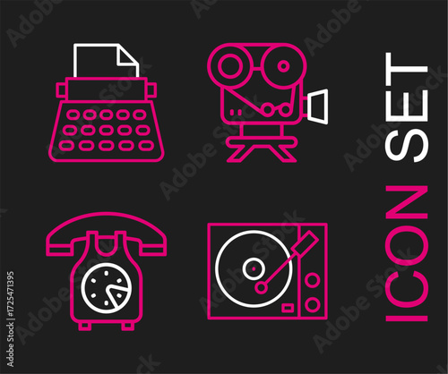 Set line Vinyl player, Telephone handset, Retro cinema camera and typewriter icon. Vector