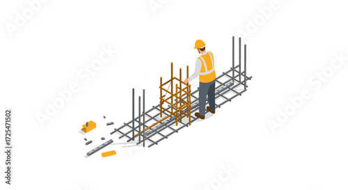 Construction worker dealing with rebars on building site in isometric style