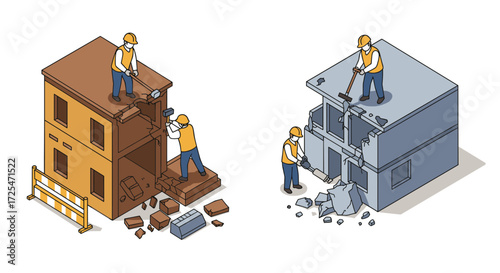 Isometric construction workers demolishing buildings with tools and safety gear