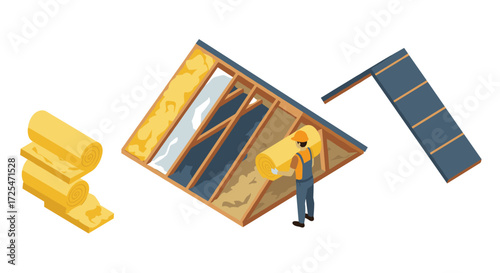 Isometric roof insulation installation with worker in safety gear