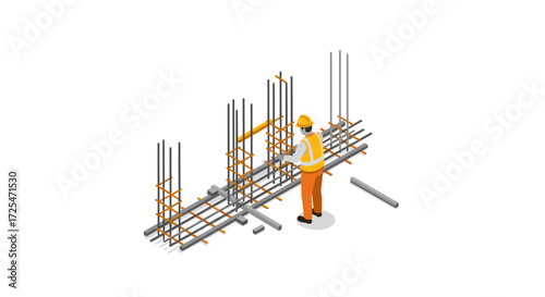 Isometric construction worker setting up reinforcement bars at building site