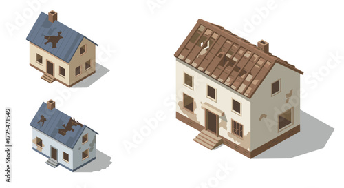 Isometric abandoned houses with damaged roofs and cracked walls