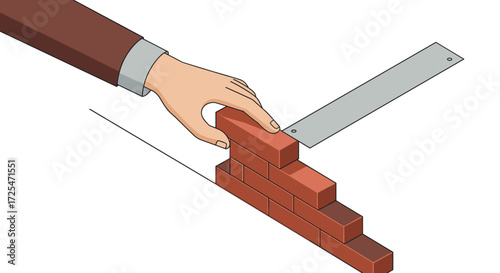 Isometric hand building brick wall with precision square tool