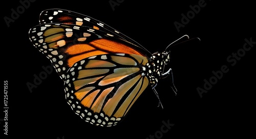 Photos Close-up profile view of a monarch butterfly against a black background