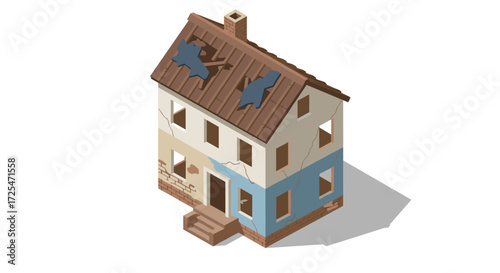 Isometric abandoned house with damaged roof and cracked walls