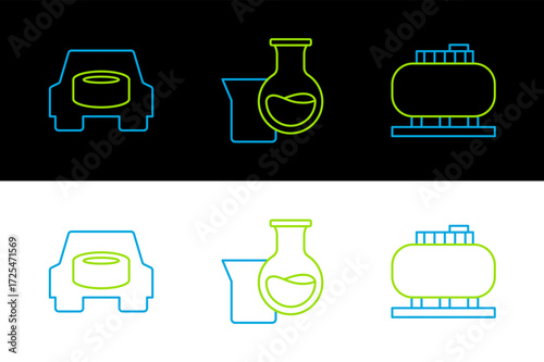 Set line Oil tank storage, Spare wheel in the car and petrol test tube icon. Vector