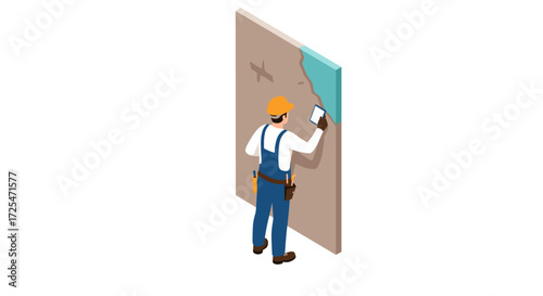Construction worker inspecting wall damage with tablet in isometric design
