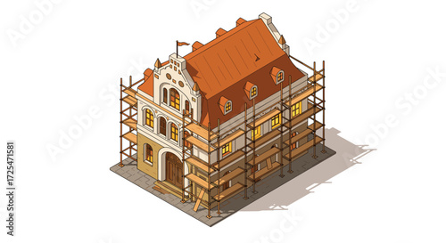 Isometric old building under renovation with scaffolding