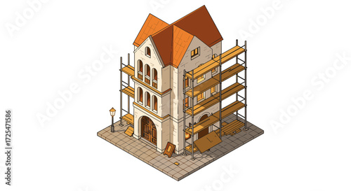 Renovation of historic building with scaffolding in isometric style