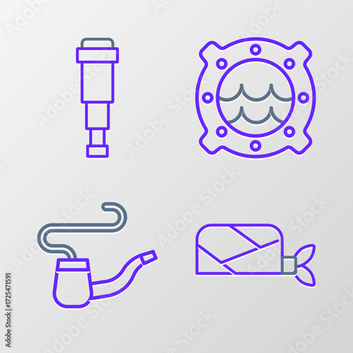 Set line Pirate bandana for head, Smoking pipe, Ship porthole with seascape and Spyglass telescope lens icon. Vector