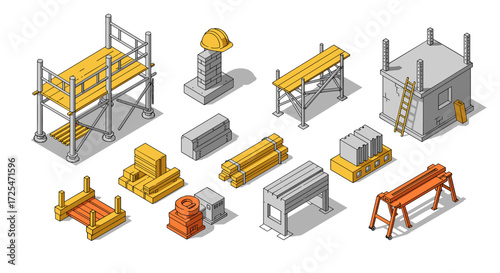 Isometric construction equipment set with scaffolding, hard hat, and tools