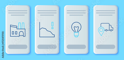 Set line Financial growth decrease, Light bulb, Factory and Delivery tracking icon. Vector