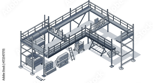 Isometric scaffolding structure with construction materials and tools in monochrome design
