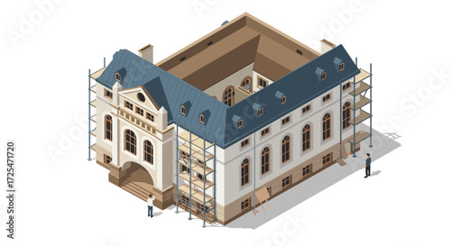 Isometric renovation of classic european mansion with scaffolding
