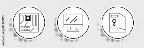 Set line Case of computer, Motherboard digital chip and Computer monitor screen icon. Vector