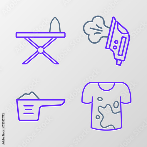 Set line Dirty t-shirt, Washing powder, Electric iron and Iron and ironing board icon. Vector