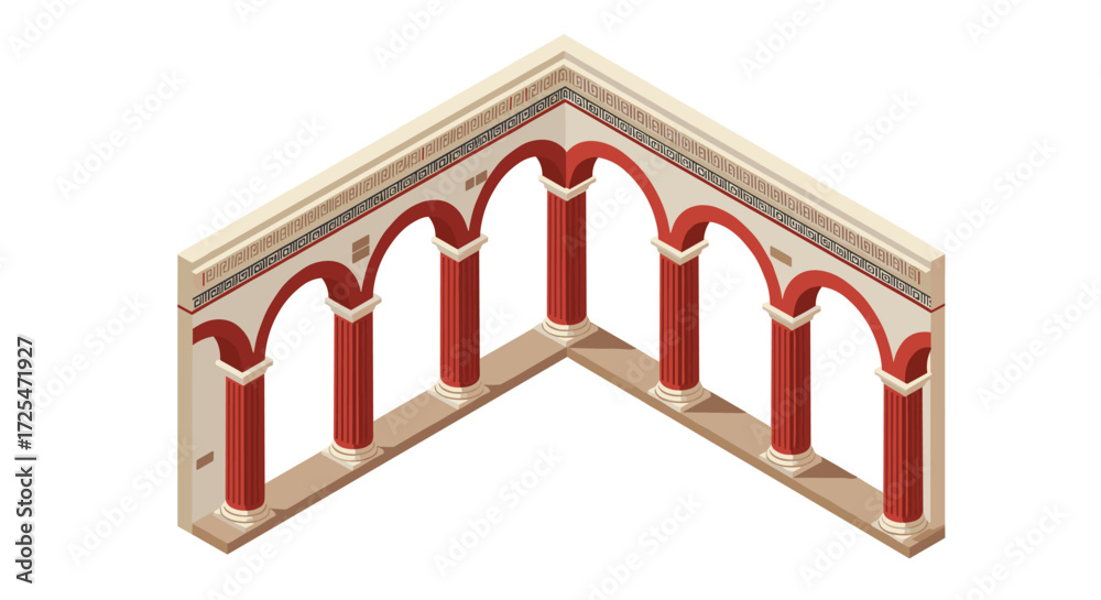 Fototapeta premium Isometric ancient roman arches with red columns and decorative patterns