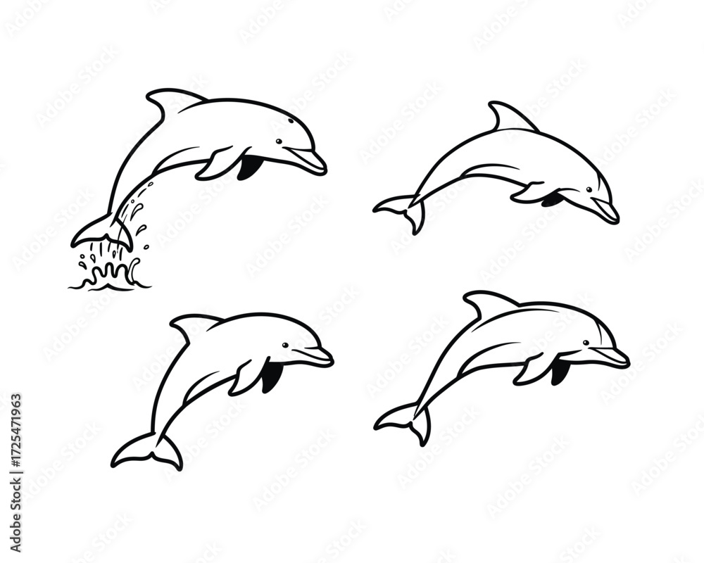 Fototapeta premium Four playful dolphins leaping and jumping out of the water in a dynamic illustration with a clean white background