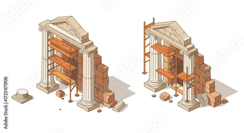 Ancient greek columns under reconstruction with scaffolding and bricks